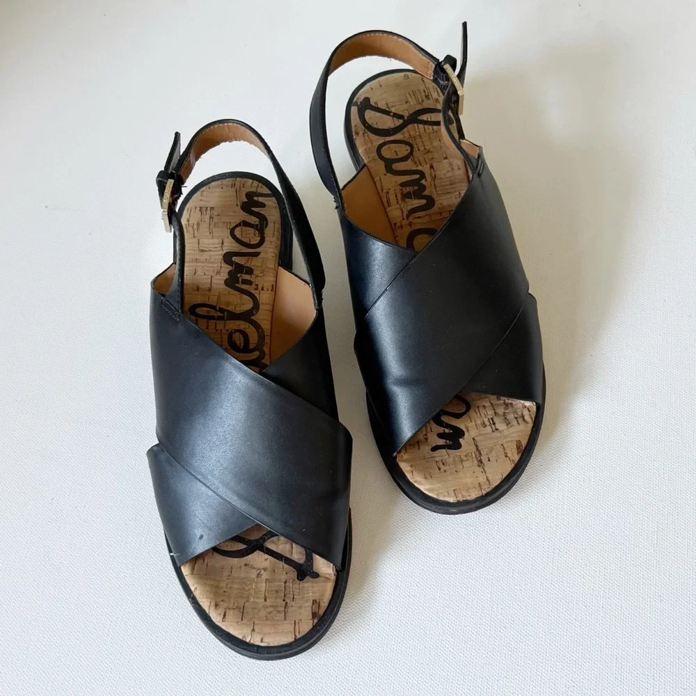 SAM EDELMAN Black Faux Leather Sandals with Gold Heels.